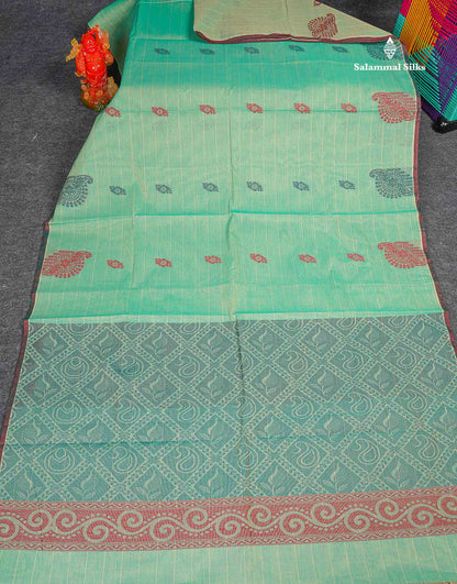 Pure Cotton Saree - Rexona Green Colour Body Lines With Fancy Thread Work Buttas