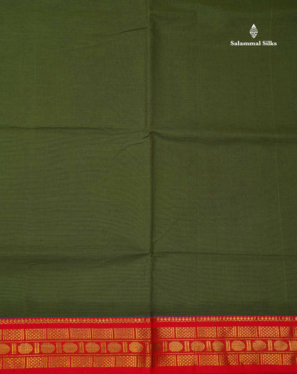 Beautiful Olive Green Plain Pure Cotton Saree With Contrast Chilly Red Traditional Border
