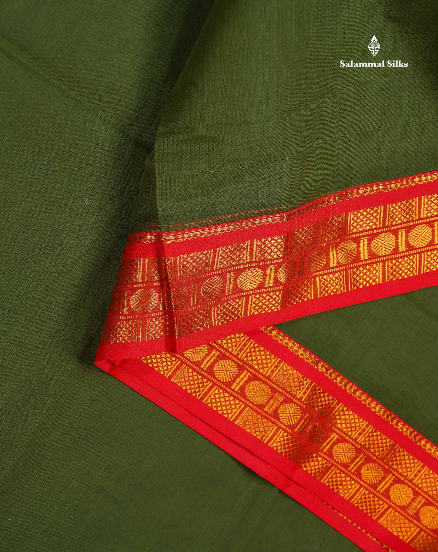 Beautiful Olive Green Plain Pure Cotton Saree With Contrast Chilly Red Traditional Border