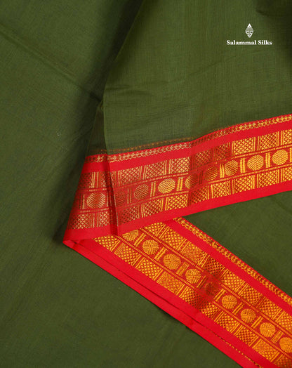 Beautiful Olive Green Plain Pure Cotton Saree With Contrast Chilly Red Traditional Border