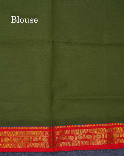 Beautiful Olive Green Plain Pure Cotton Saree With Contrast Chilly Red Traditional Border