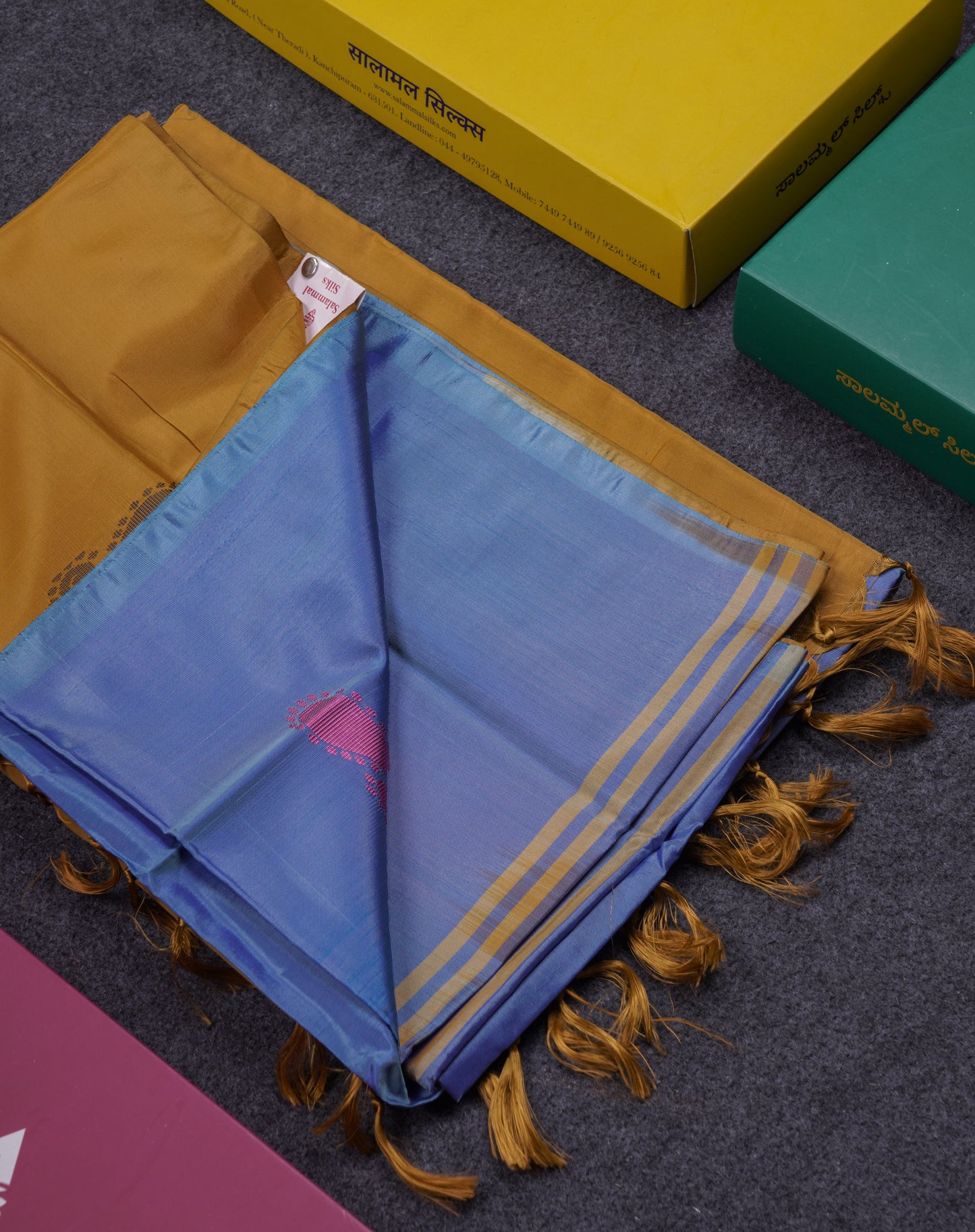 Pastel Blue Thread work Buttas Banana Pinth Saree (Vaazhainaar Pattu) With Contrast Mustard Yellow Blouse
