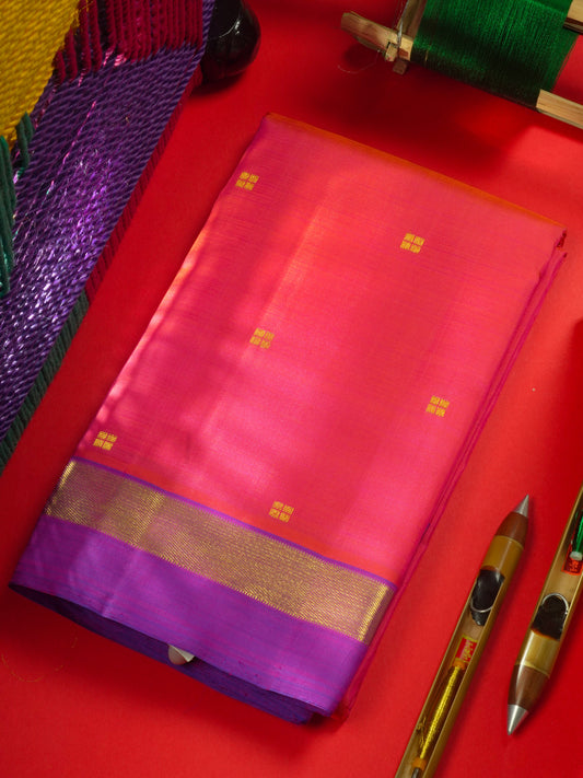 Pinkish Red Pure Kanjivaram Silk Saree with Contrast Small Vadamalli Border