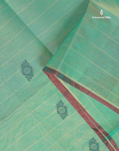 Pure Cotton Saree - Rexona Green Colour Body Lines With Fancy Thread Work Buttas
