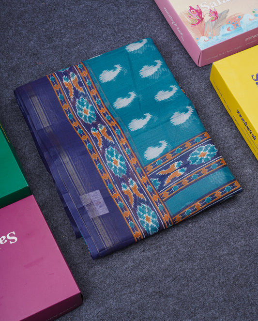 Beautiful Peacock Green Mixed Cotton Saree With Contrast Violet Blouse