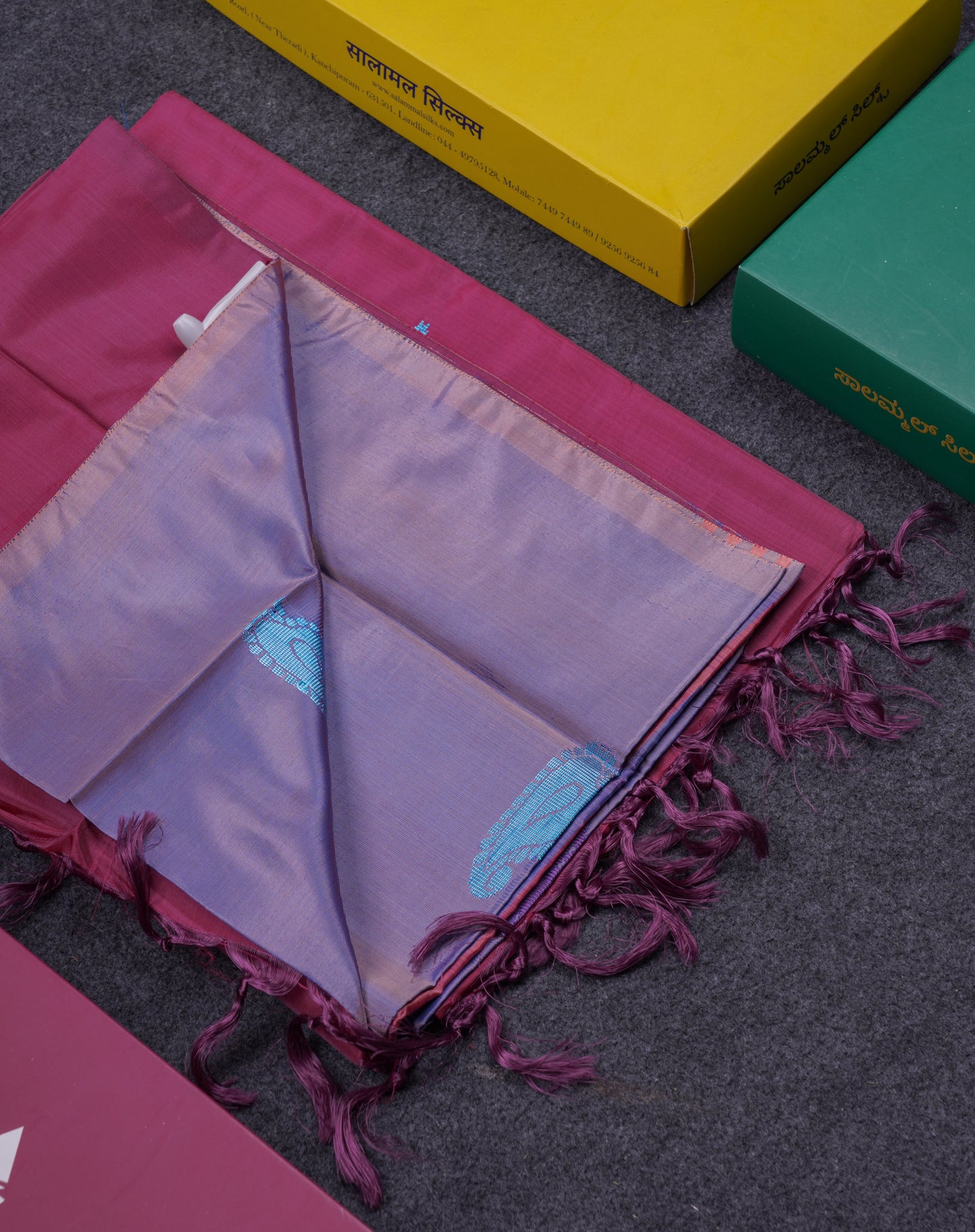 Dual Tone Violet Thread work Buttas Banana Pinth Saree (Vaazhainaar Pattu) With Contrast Wine Blouse