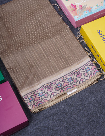 Light Brown Semi Tussar Fancy Saree With Contrast Cream Sandal Printed Border