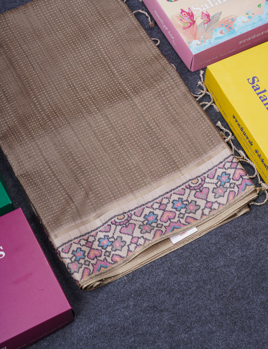 Light Brown Semi Tussar Fancy Saree With Contrast Cream Sandal Printed Border