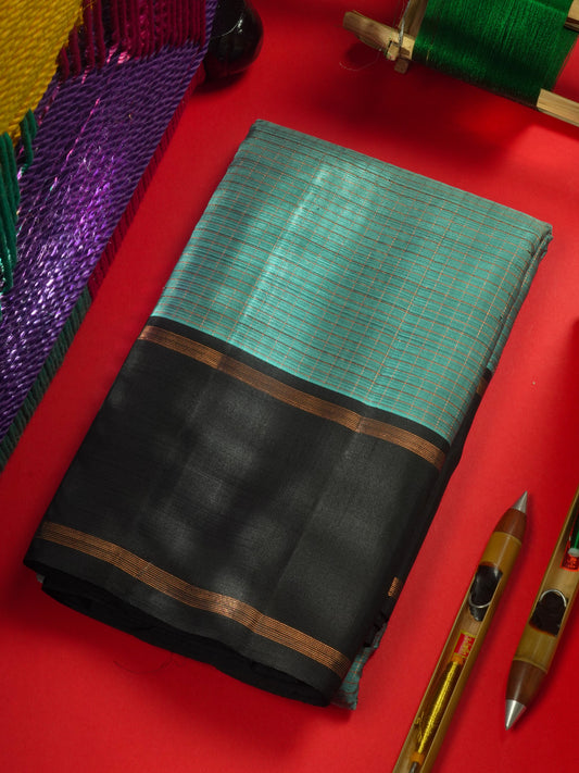 Sea Blue Tiny Zari Checks Kanjivaram Pure Silk Saree With Contrast Black Gap Border