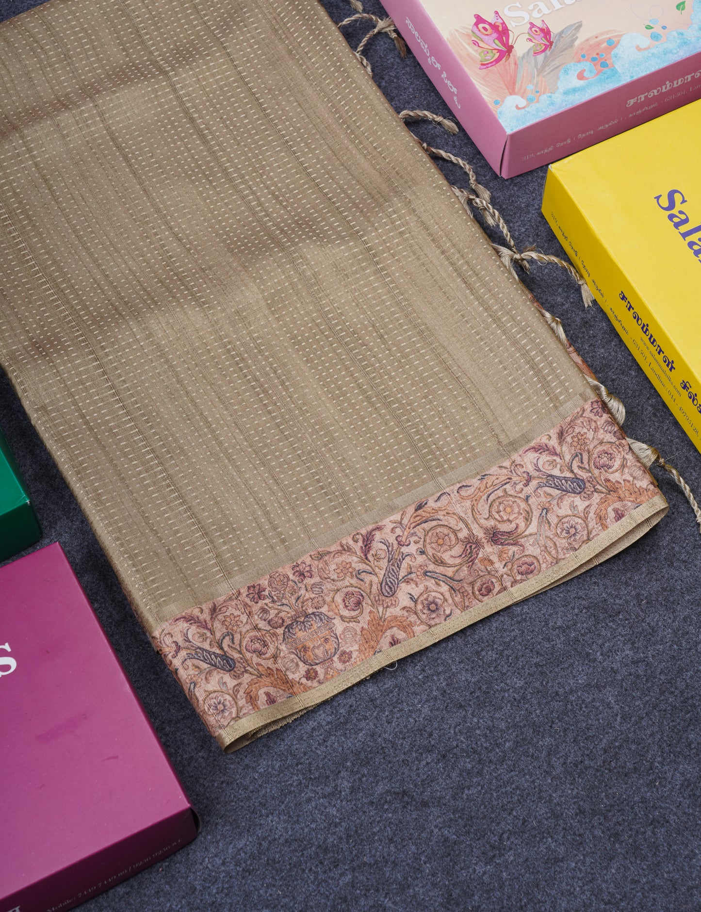 Olive Green Semi Tussar Fancy Saree With Contrast Sandal Floral Print Border