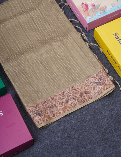 Olive Green Semi Tussar Fancy Saree With Contrast Sandal Floral Print Border