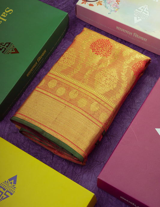 Kanjivaram Tomato Red Colour 2G Zari Pure Silk Saree With Gold Zari Border