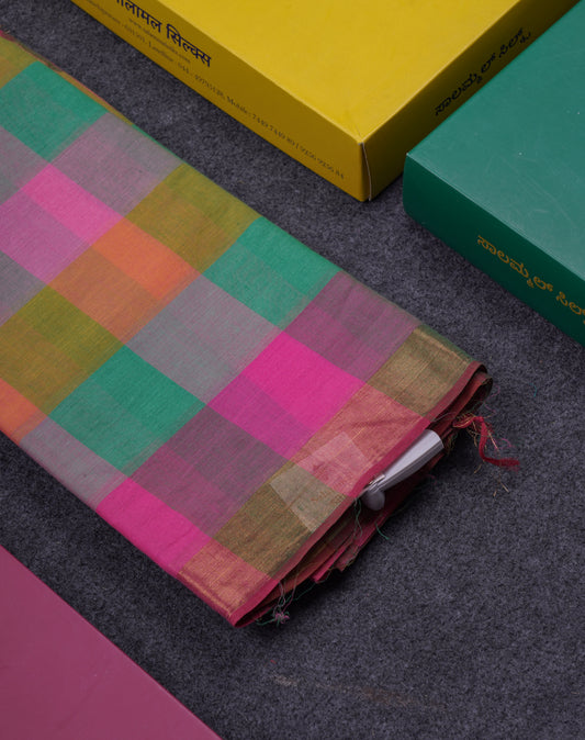 Beautiful Paalum Pazham Checks Pure Cotton Saree With Small Zari Border