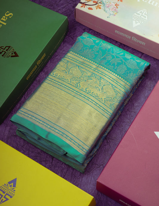 Peacock Blue Pure Kanjivaram Silk Saree (2G) Zari With Traditional Gold Zari Border
