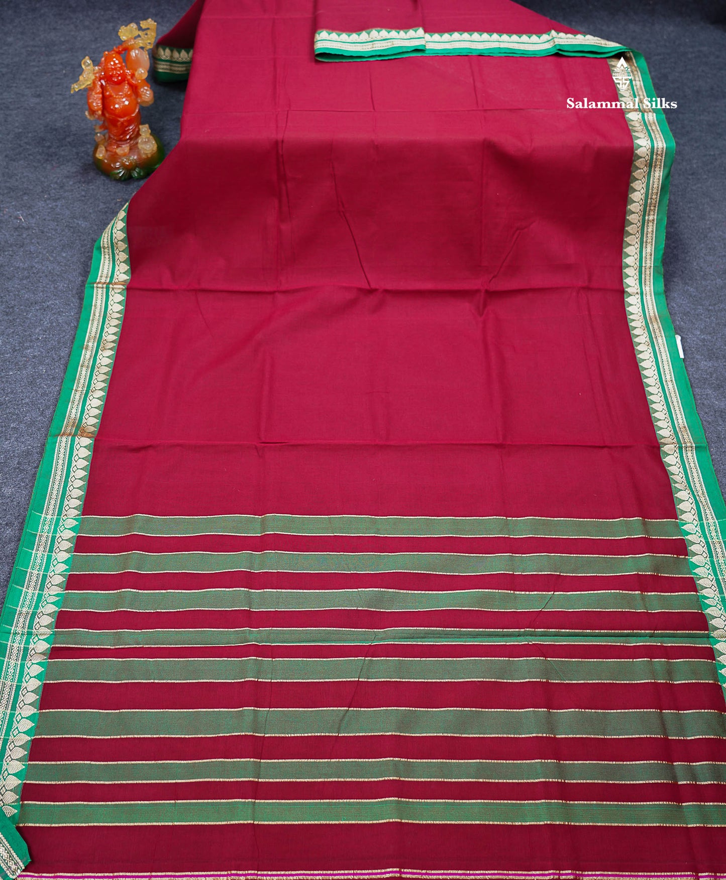 Beautiful Maroon Plain Pure Cotton Saree With Contrast Green Thread Work Traditional Border