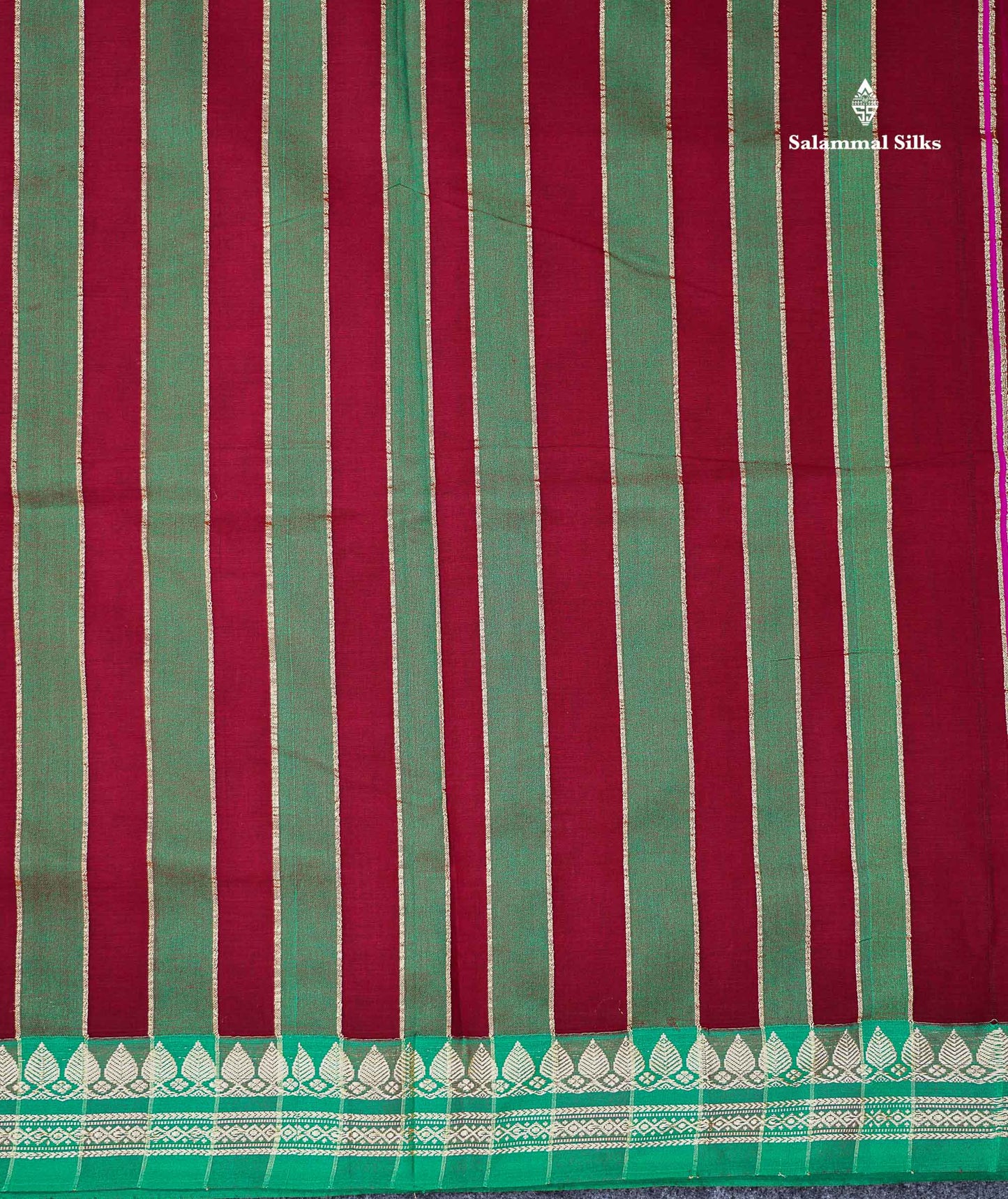 Beautiful Maroon Plain Pure Cotton Saree With Contrast Green Thread Work Traditional Border