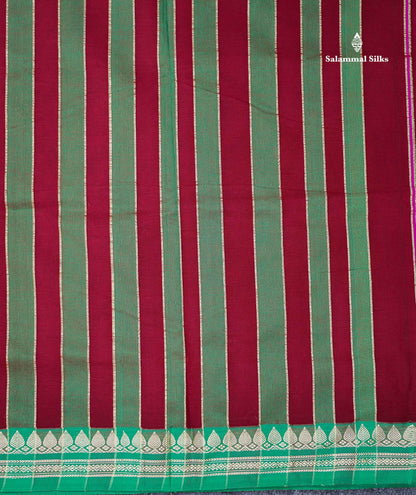 Beautiful Maroon Plain Pure Cotton Saree With Contrast Green Thread Work Traditional Border