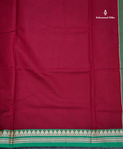 Beautiful Maroon Plain Pure Cotton Saree With Contrast Green Thread Work Traditional Border