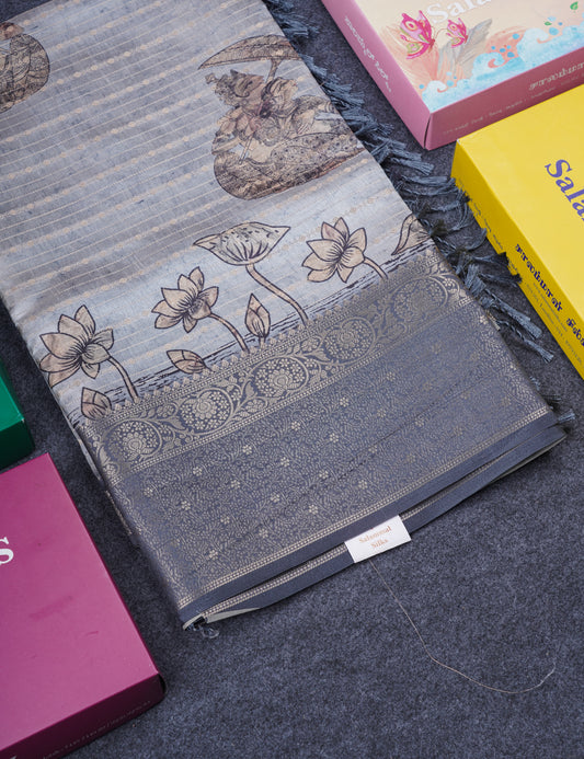 Light Grey Floral Kalamkari Printed Design Semi Tussar Saree With Contrast Elephant Grey Border