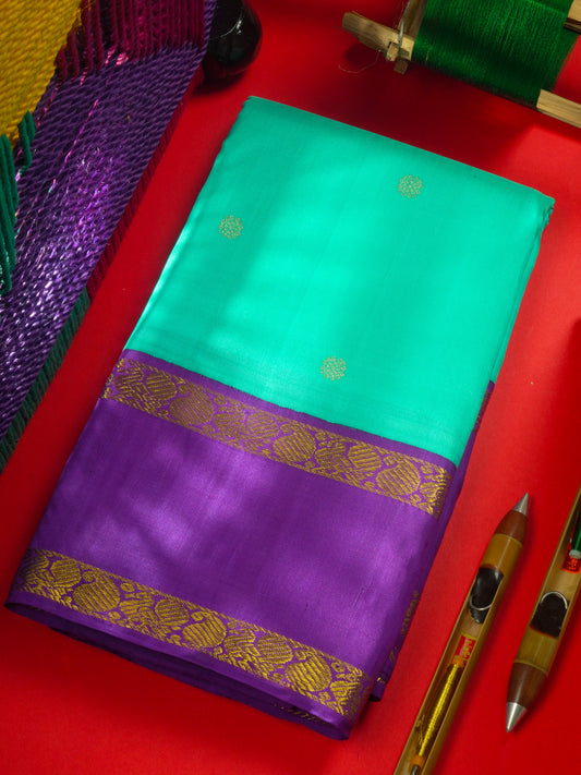 Kanjivaram Beautiful Sapphire Green Pure Silk Saree With Contrast Violet Traditional Gap Border