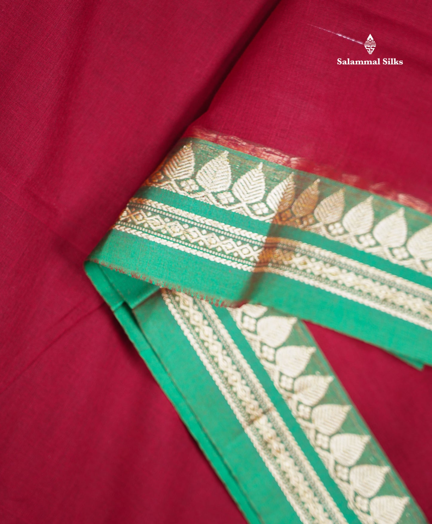 Beautiful Maroon Plain Pure Cotton Saree With Contrast Green Thread Work Traditional Border