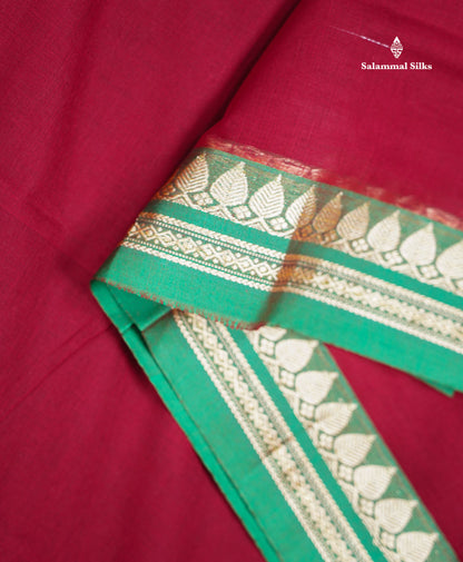Beautiful Maroon Plain Pure Cotton Saree With Contrast Green Thread Work Traditional Border