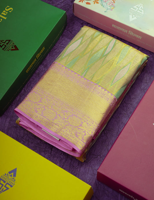 Multicolor Kanjivaram Pure Tissue Silk Saree with Baby Pink Border