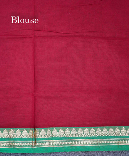 Beautiful Maroon Plain Pure Cotton Saree With Contrast Green Thread Work Traditional Border