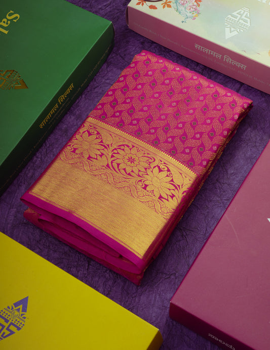Pure Kanjivaram Magenta Pink Colour Meena Work Silk Saree With Gold Zari Border