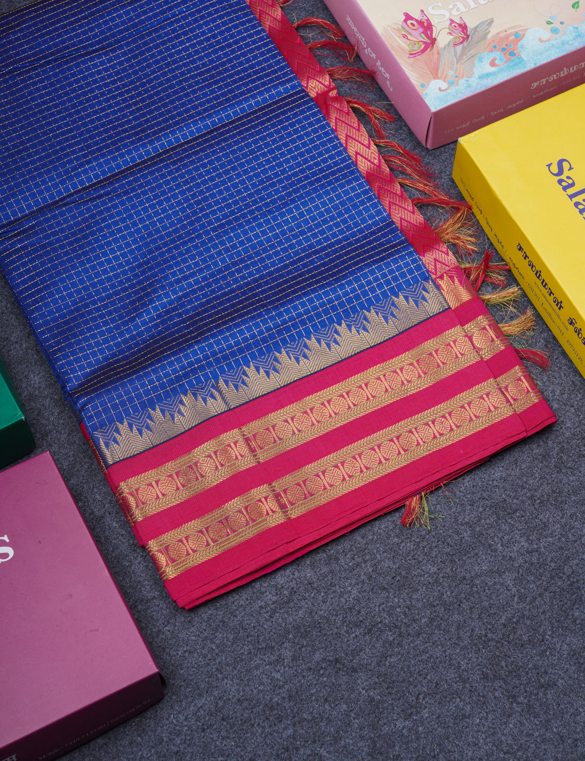Ananda Blue Small Zari Checks Silk Cotton Saree With Contrast Rani Pink Traditional Temple & Rettapet Border