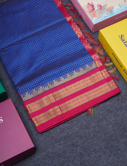 Ananda Blue Small Zari Checks Semi Silk Cotton Saree With Contrast Rani Pink Traditional Temple & Rettapet Border