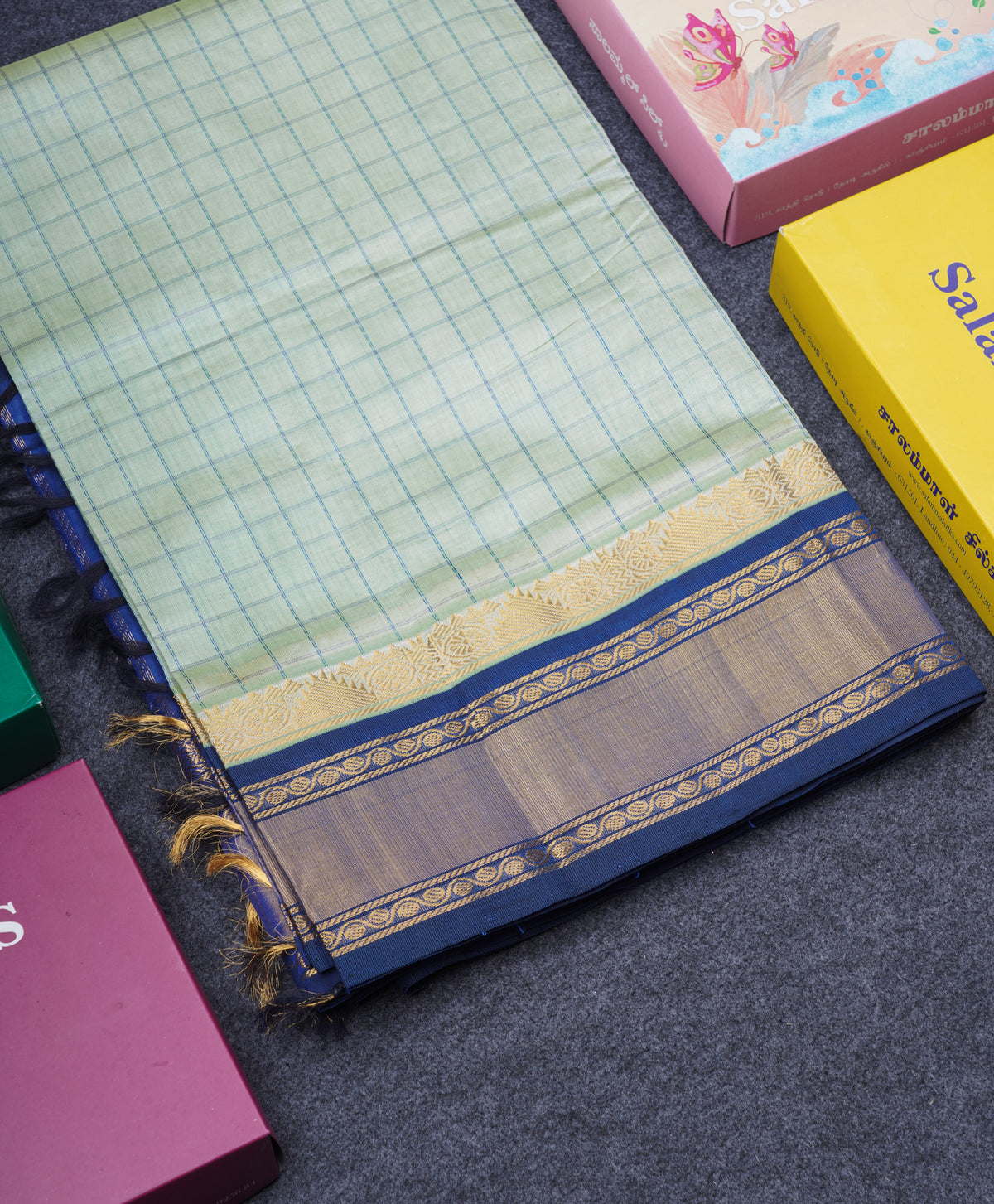 Light Elaichi Green Small Checks Silk Cotton Saree With Contrast Violet Traditional Border