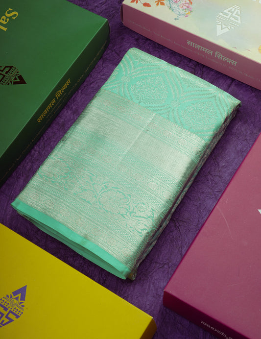 Beautiful Sea Green Bridal Pure Kanjivaram Silk Saree With Self Border