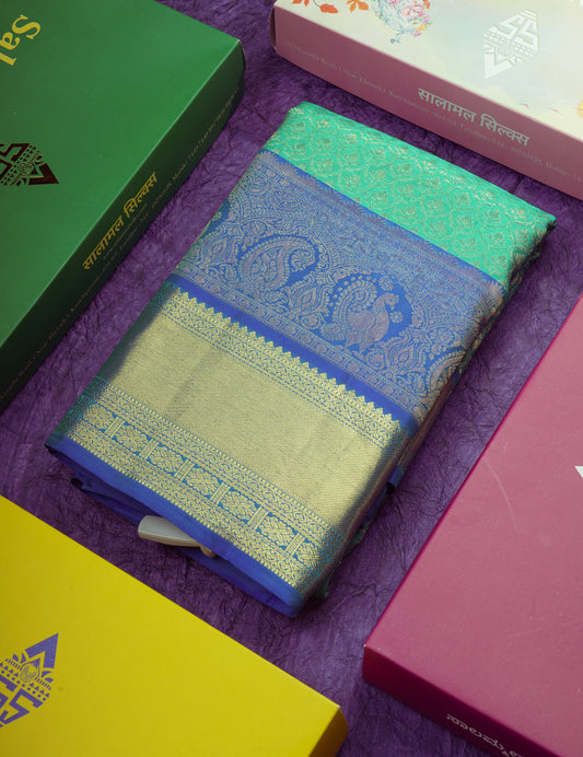 Sapphire Green Bridal Pure Kanjivaram Silk Saree With Contrast Royal Blue Border