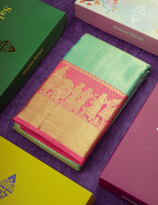 Rexona Grand Wedding Pure Kanjivaram Silk Saree With Dark Peach Traditional Pallakku Border