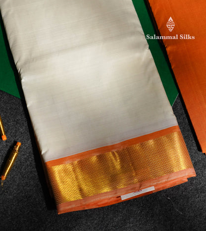 Half White Pure Silk (9x5) Dhoti, Angavastram & Shirt (2.50M) with Orange Border