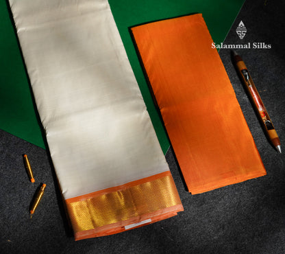 Half White Pure Silk (9x5) Dhoti, Angavastram & Shirt (2.50M) with Orange Border