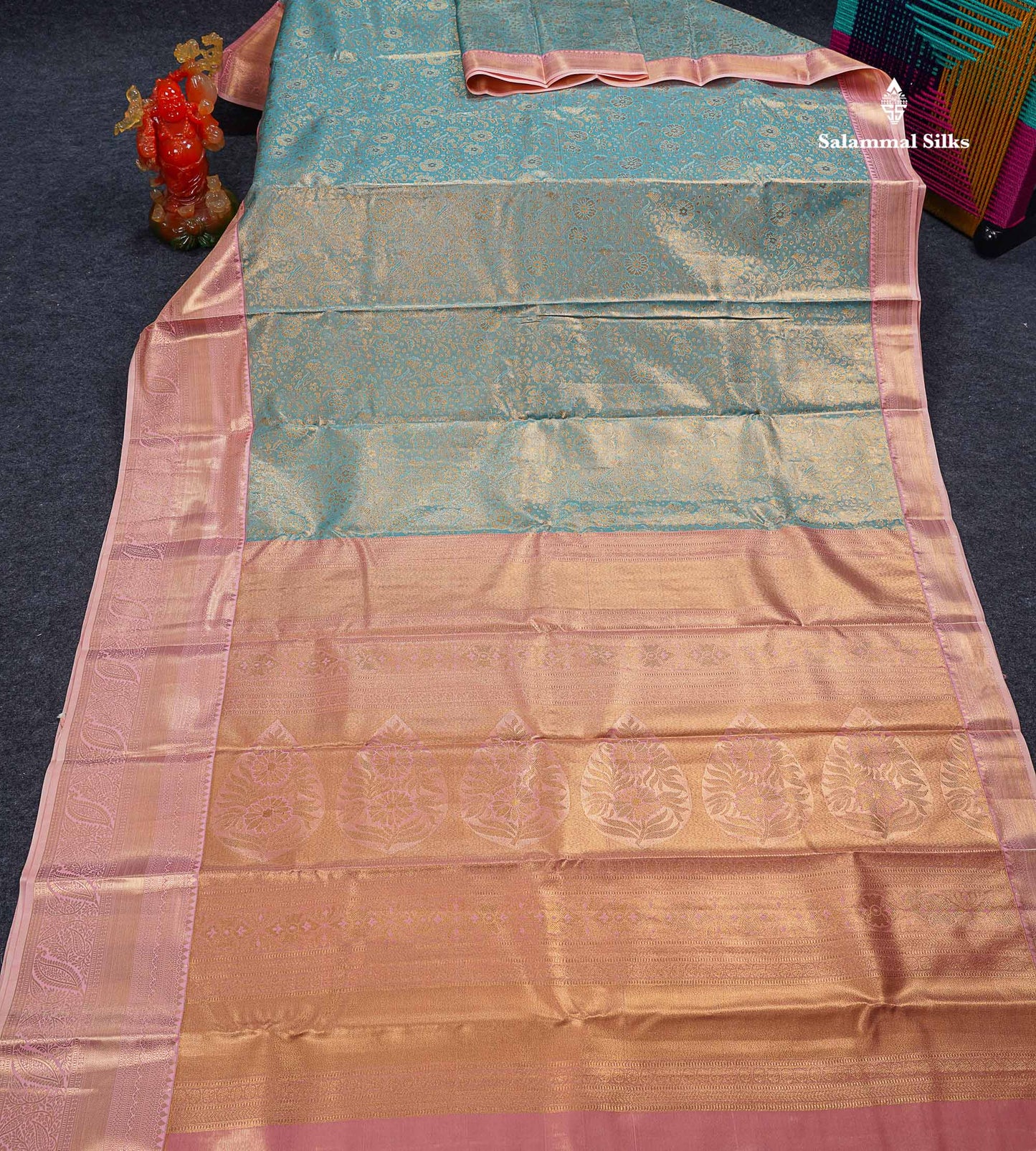 Beautiful Ice Blue Tissue Bridal Semi Silk Saree With Contrast Baby Pink Traditional Evening Morning Border