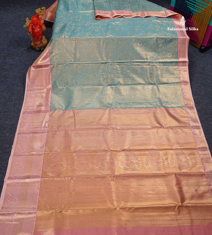 Beautiful Ice Blue Tissue Bridal Semi Silk Saree With Contrast Baby Pink Traditional Evening Morning Border