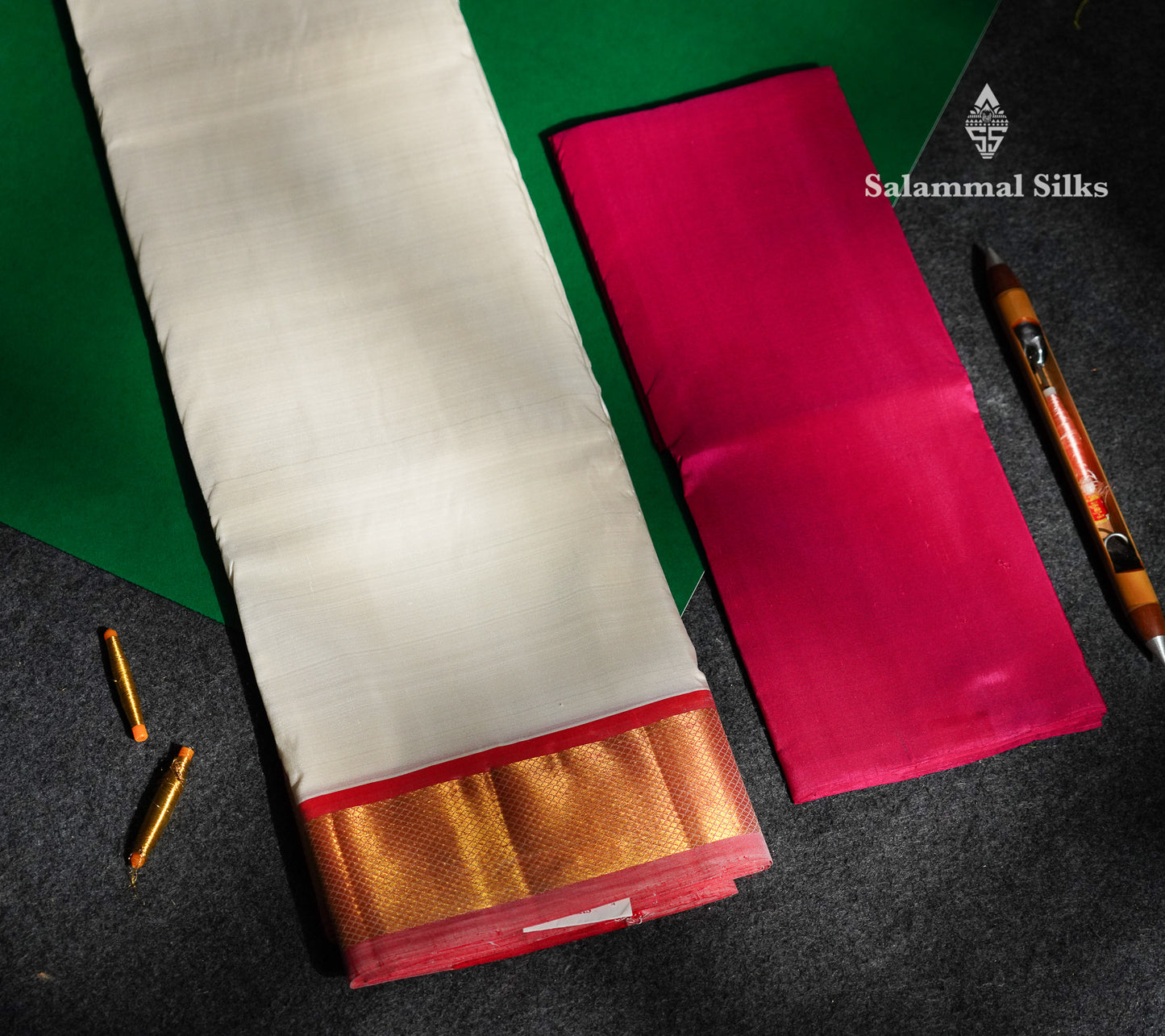 Off White Pure Silk Dhoti, Angavastram & Shirt (2.50M) with Pink Border