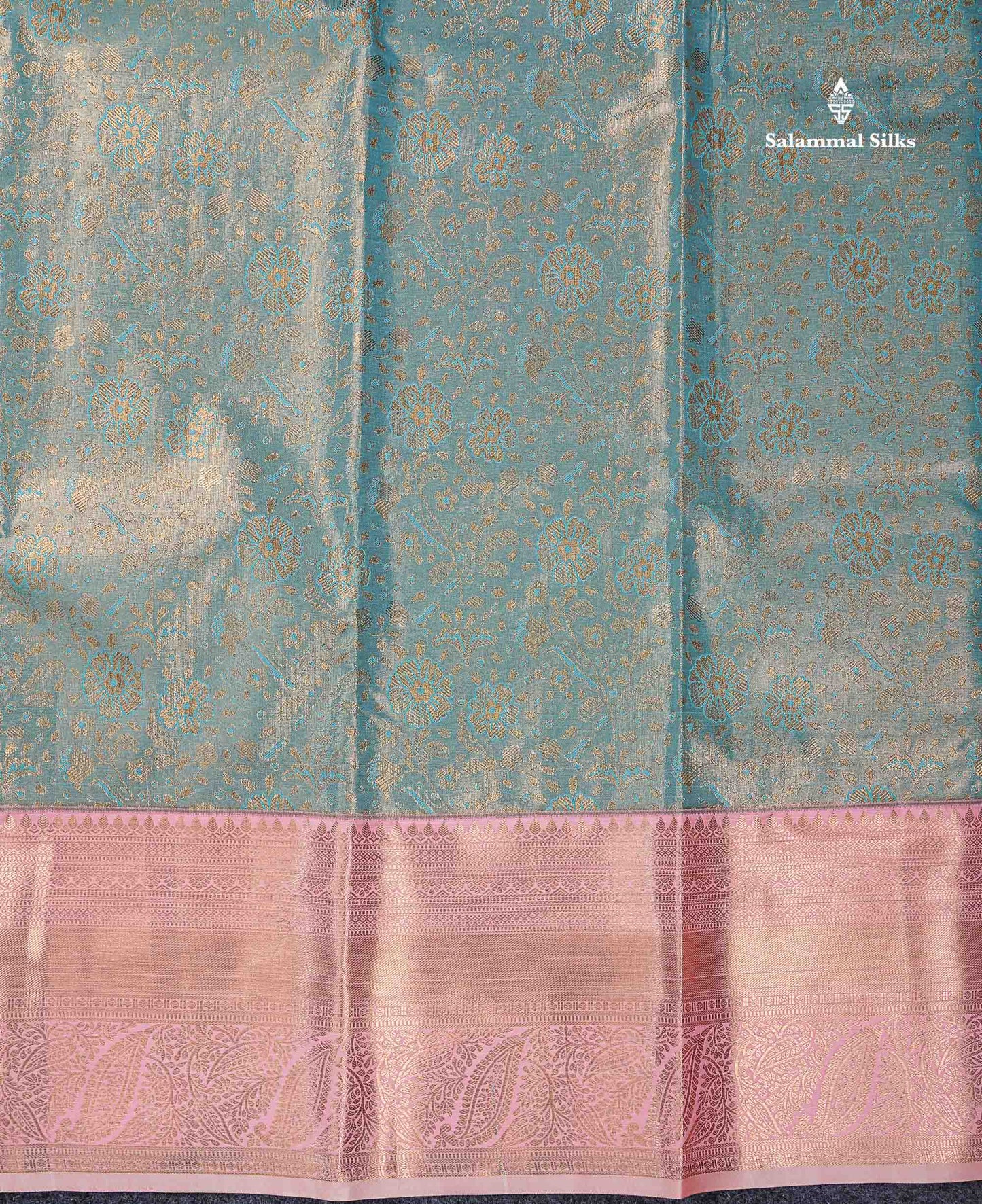 Beautiful Ice Blue Tissue Bridal Semi Silk Saree With Contrast Baby Pink Traditional Evening Morning Border