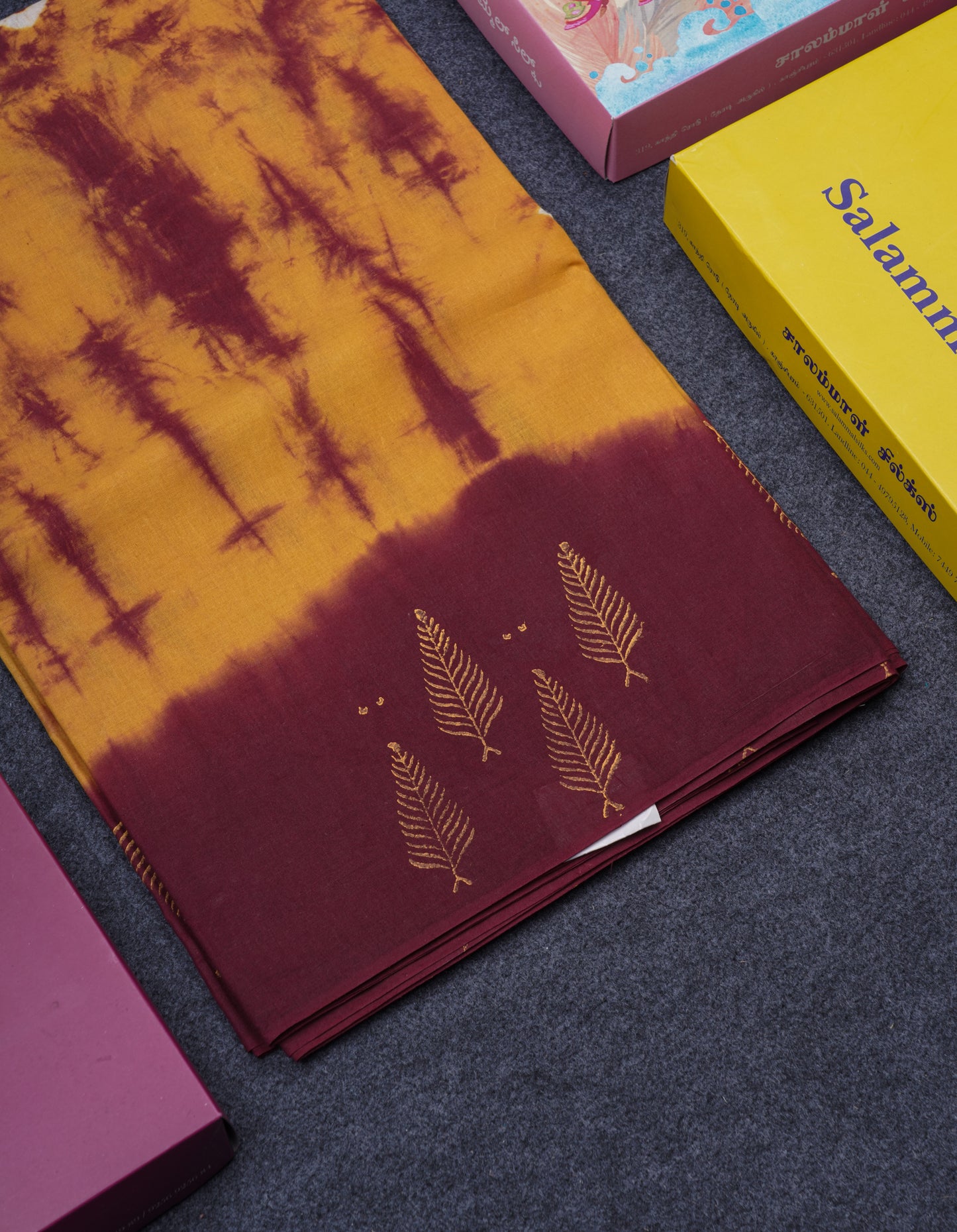 Mango Yellow Batik Print Sungudi Pure Cotton Saree With Contrast Maroon Border