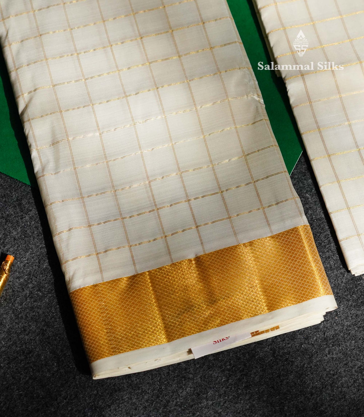 Half White Pure Silk Dhoti With Body Checks, Angavastram & Shirt (2.50M) with Golden Zari Border