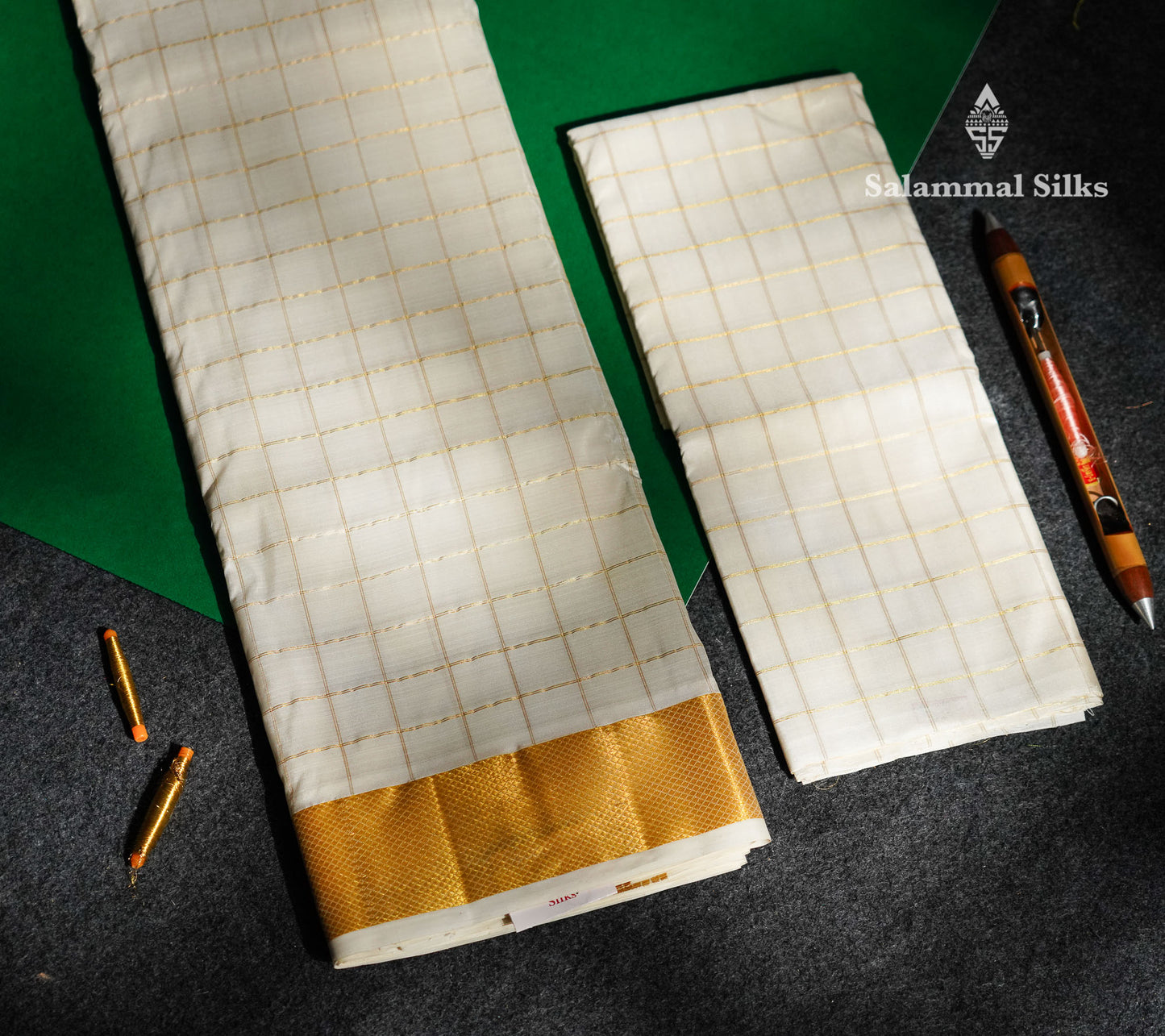 Half White Pure Silk Dhoti With Body Checks, Angavastram & Shirt (2.50M) with Golden Zari Border