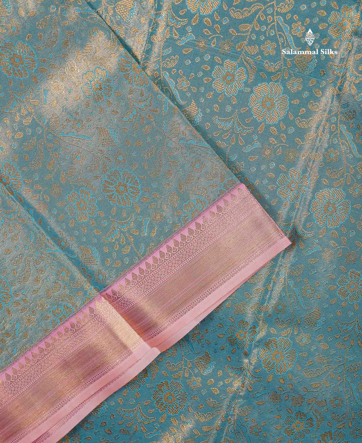 Beautiful Ice Blue Tissue Bridal Semi Silk Saree With Contrast Baby Pink Traditional Evening Morning Border