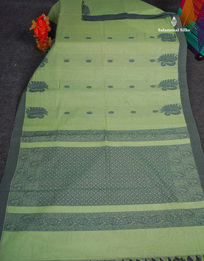 Pure Cotton Saree - Light Pista Green Colour Body Stripes With Thread Work Butta Fancy border