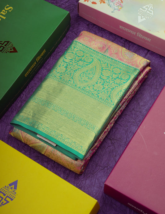 Pink Tissue Bridal Pure Kanjivaram Silk Saree With Sapphire Green Border
