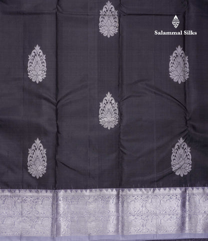 Beautiful Black Pure Kanjivaram Silk Saree With Contrast Light Grey Traditional Border