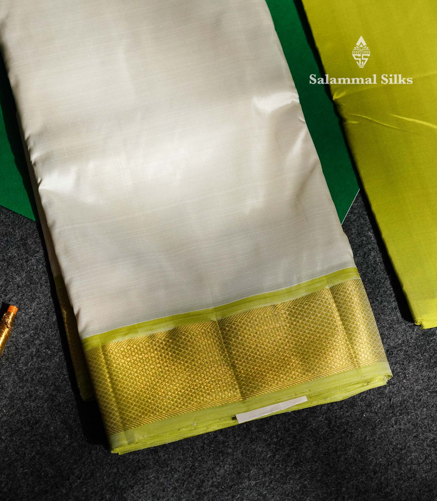 Half White Pure Silk (9x5) Dhoti, Angavastram & Shirt (2.50M) with Parrot Green Border