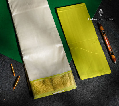 Half White Pure Silk (9x5) Dhoti, Angavastram & Shirt (2.50M) with Parrot Green Border